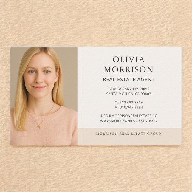 Neutral Beige Real Estate Agent Photo Business Card (Creator Uploaded)