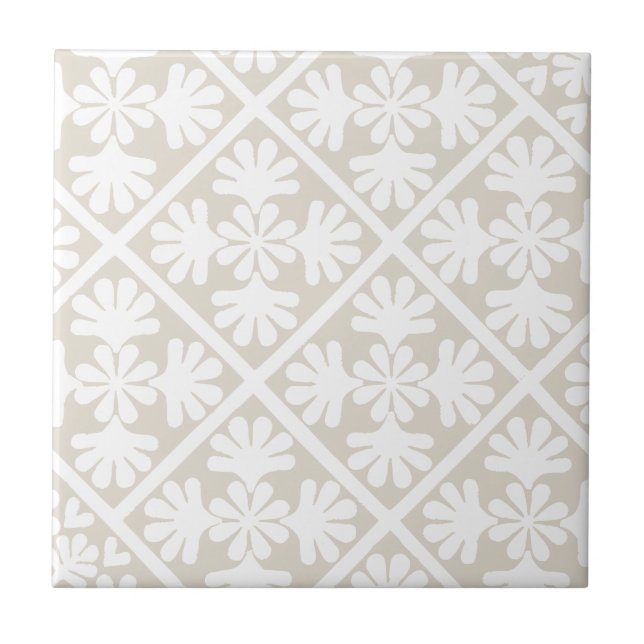 Neutral Beige Scandinavian Oak Leaf Floral Diamond Tile (Front)
