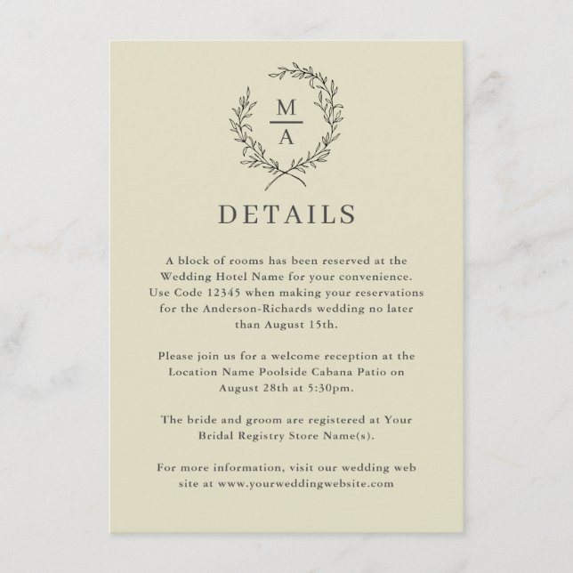 Neutral Beige Simple Elegant Monogram Details Enclosure Card (Front)