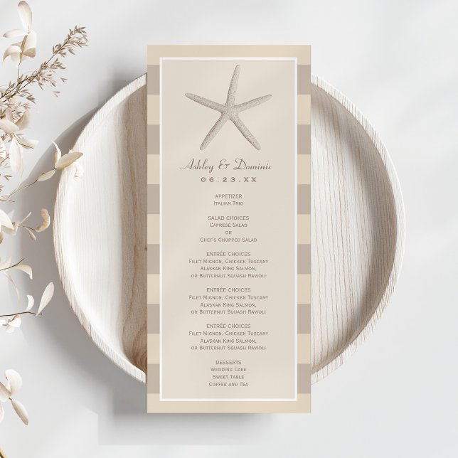 Neutral Beige Starfish Beach Wedding Dinner Menu (Creator Uploaded)