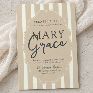 Neutral Beige Striped Vintage Scalloped Shower Invitation
