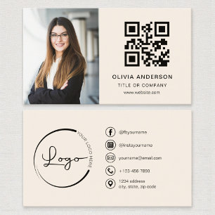 Neutral Beige Taupe Photo QR Code Social Media Business Card