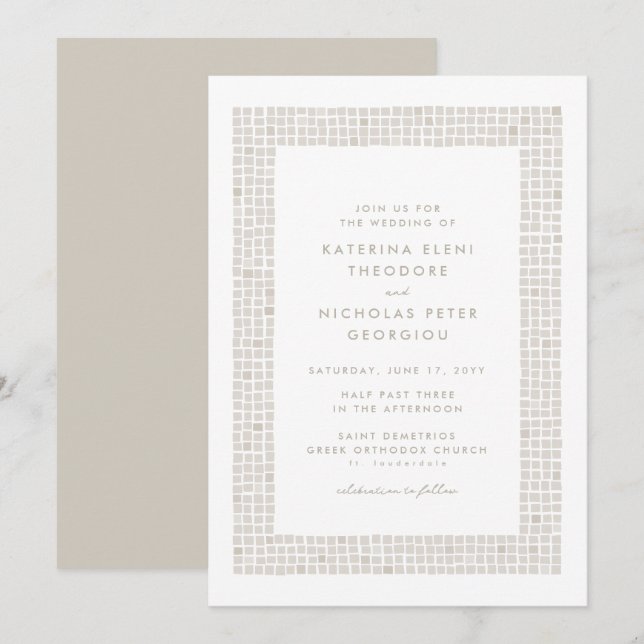 Neutral beige tile frame simple elegant wedding invitation (Front/Back)