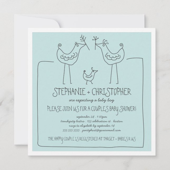 Neutral Birds Modern Family Couple Boy Baby Shower Invitation (Front)