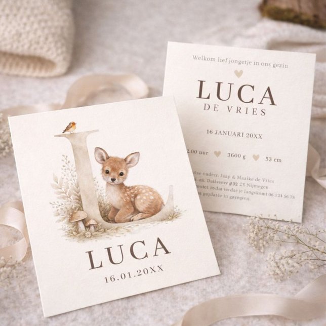 Neutral birth card deer monogram L (Creator Uploaded)
