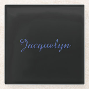 Neutral Black & Blue Plain Elegant Modern Own Name Glass Coaster