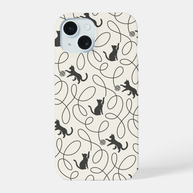 Neutral Black Cat and Yarn Ball Pattern iPhone 15 Case (Back)