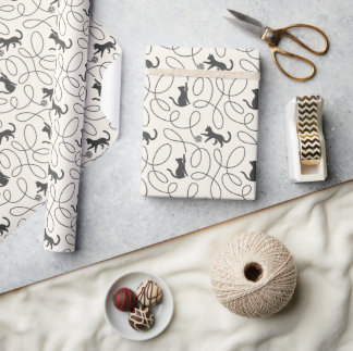 Neutral Black Cat and Yarn Ball Pattern Wrapping Paper