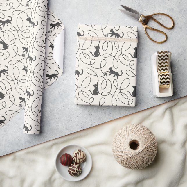 Neutral Black Cat and Yarn Ball Pattern Wrapping Paper (Crafts)