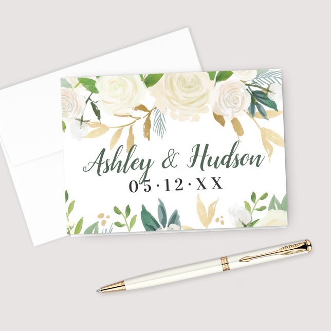 Neutral Blooms Green Floral Wedding Monogram Note Card (Creator Uploaded)