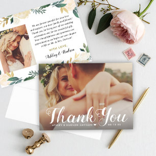 Neutral Blooms Green Floral Wedding Photo Thank You Card