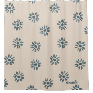 Neutral Blue Beige Monogram Name Shower Curtain