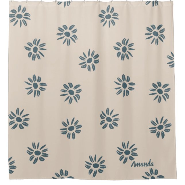 Neutral Blue Beige Monogram Name Shower Curtain (Front)