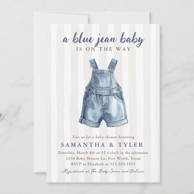 Neutral Blue Jean Baby On The Way Baby Shower Invi Invitation (Front)