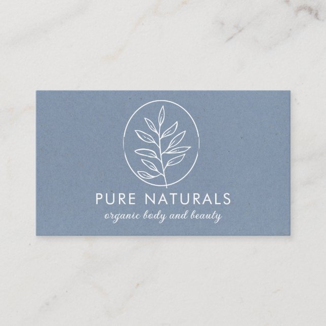 Neutral Blue Modern Botanical Leaf Logo Simple Business Card (Front)