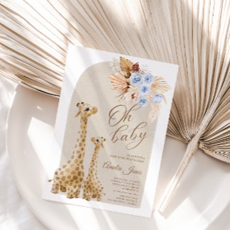 Neutral Blue Pampas Grass Giraffe Baby Shower  Invitation
