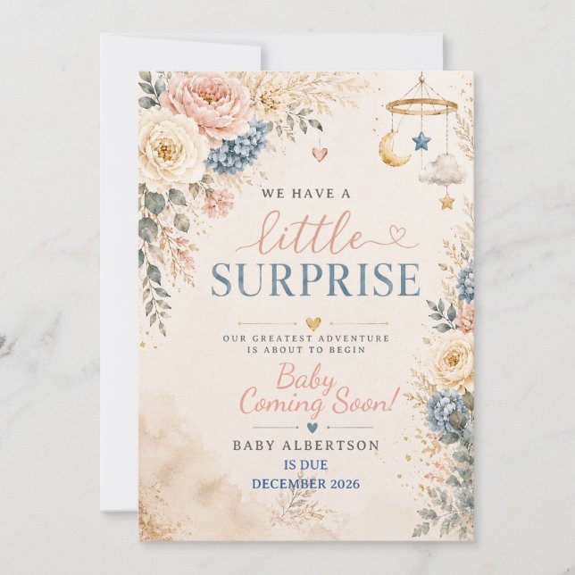 Neutral Blush Dusty Blue Floral Boho Pregnancy Invitation (Front)