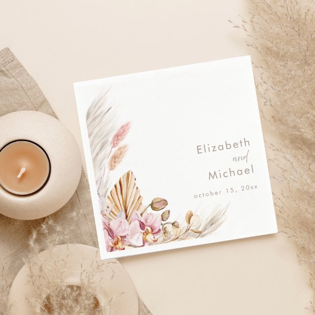 Neutral Blush Floral Pampas Grass Reception Napkin (Creator Uploaded)