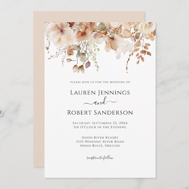 Neutral Blush Pink Floral Wedding Invitation (Front/Back)