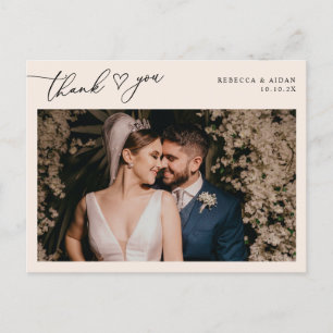 Neutral Blush Script Heart Wedding Photo Thank You Postcard