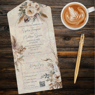 Neutral Bohemian Style Flowers QR Code All In One Invitation
