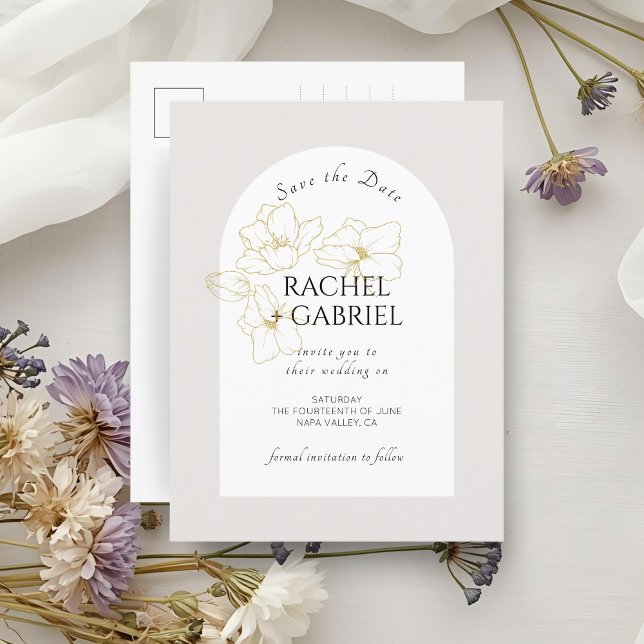 Neutral | Boho Arch Gold Floral Wedding  Postcard (Creator Uploaded)