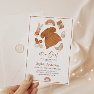 Neutral Boho Baby Girl Shower with Baby Outfit Invitation