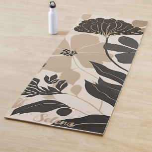 Neutral Boho Black and Beige Flowers Yoga Mat