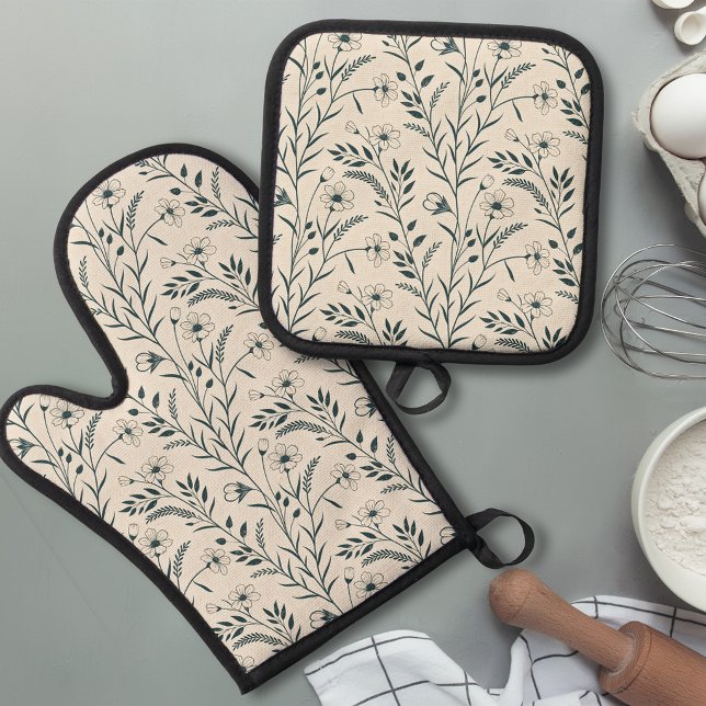 Neutral Boho Botanical Oven Mitt & Pot Holder Set (Creator Uploaded)