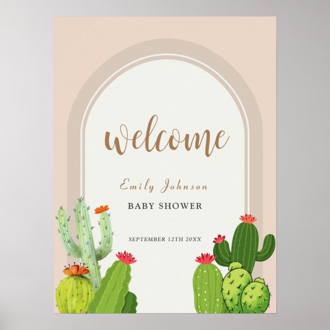 Neutral Boho Cactus Arch Baby Shower Welcome  Poster (Front)