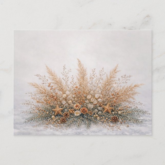 Neutral Boho Christmas Botanical Pampas Arrangemen Holiday Postcard (Front)