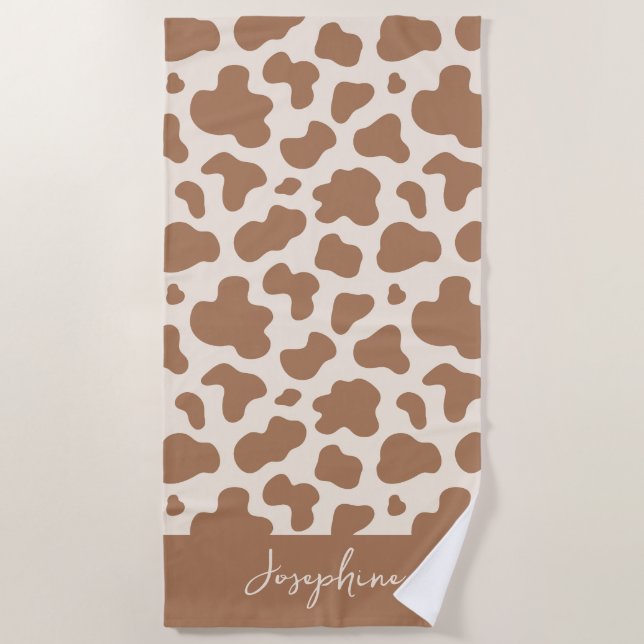 Neutral Boho Cow Print Western Cowgirl Beige Name Beach Towel (Front)
