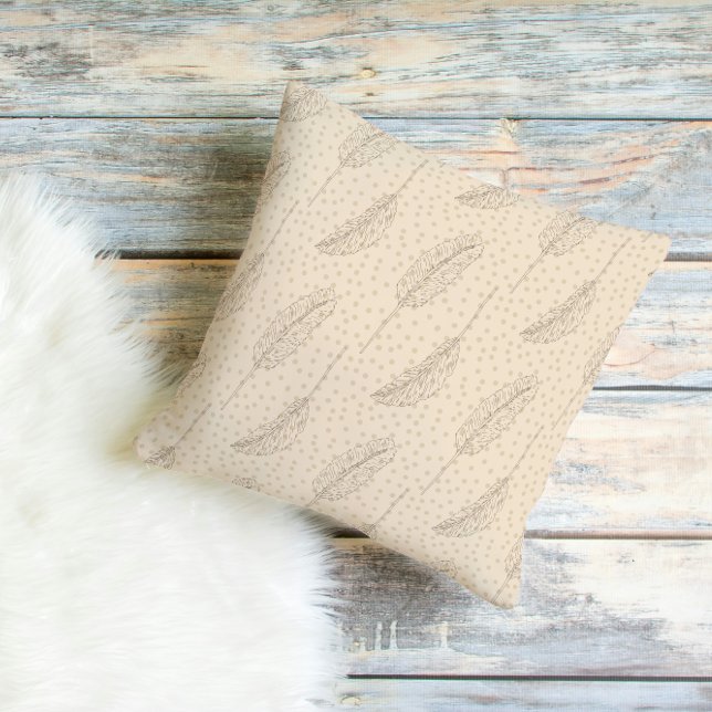 Neutral Boho Feather Pattern Throw Pillow (Creator Uploaded)