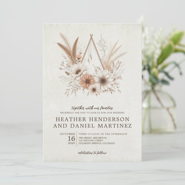 Neutral Boho Floral Wedding Invitation (Standing Front)