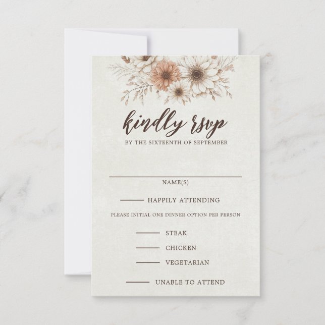Neutral Boho Floral Wedding RSVP Card (Front)