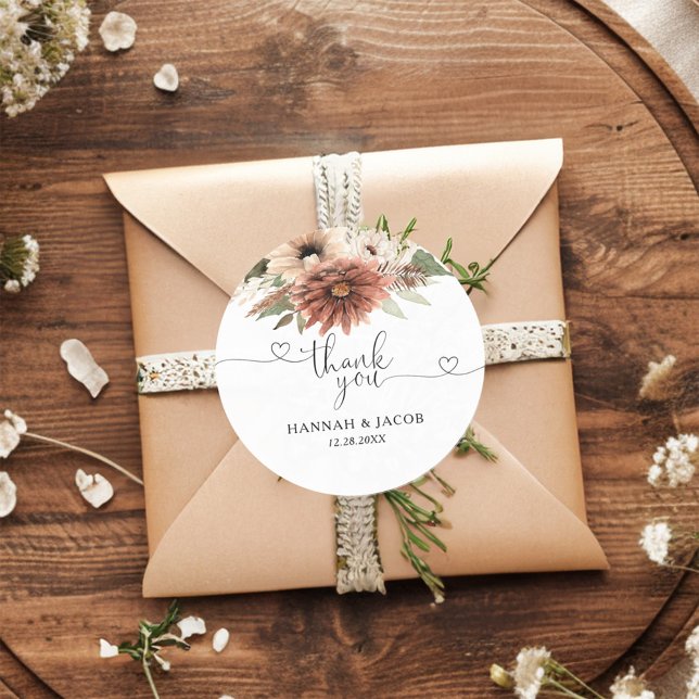 Neutral Boho Floral Wedding Thank You Favour Classic Round Sticker (Creator Uploaded)