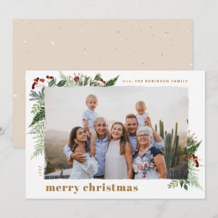 Neutral Boho Greenery Gold Dry Brush Effect Photo Holiday Card