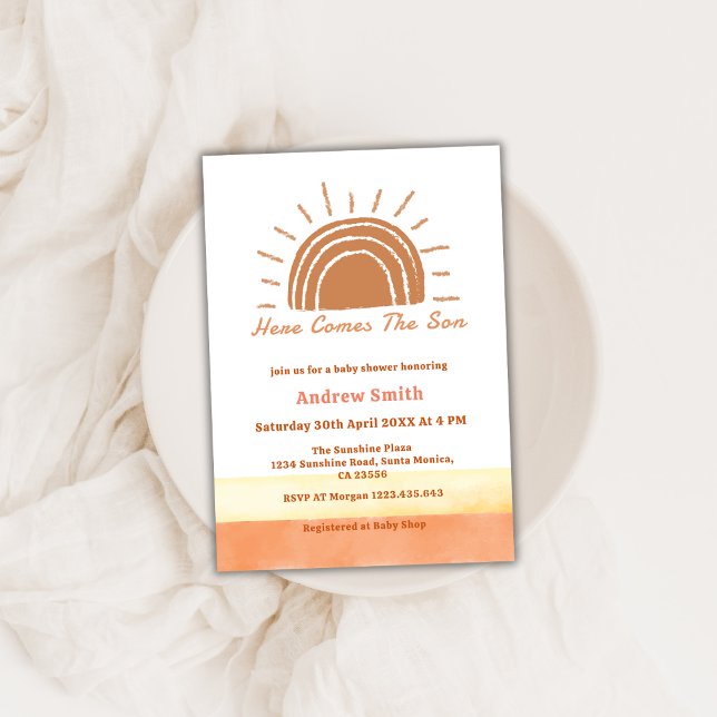 Neutral Boho Here Comes The Son Baby Shower  Invitation (Neutral Boho Here Comes The Son Baby Shower Invitation)