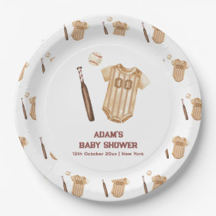Neutral Boho Little Slugger Baseball Baby Shower  Paper Plate