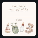 Neutral Boho Nursery Baby Shower Book Gifted By Square Sticker<br><div class="desc">This baby shower design features bohemian clothing and toys with a gender neutral theme.</div>