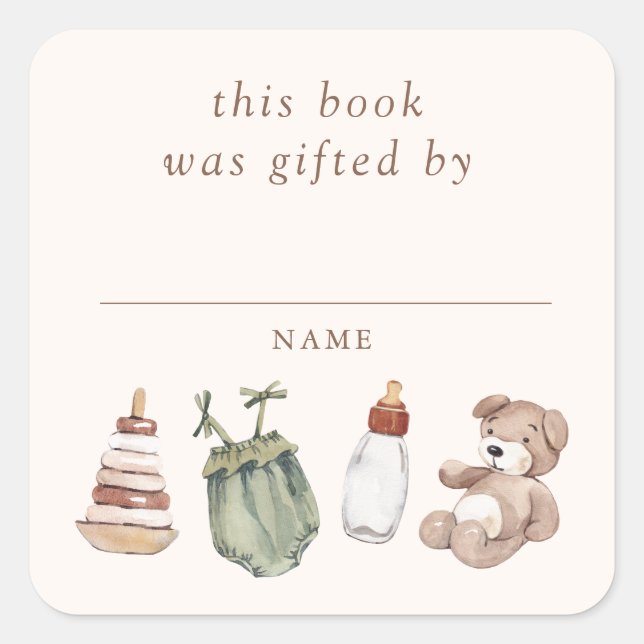 Neutral Boho Nursery Baby Shower Book Gifted By Square Sticker (Front)