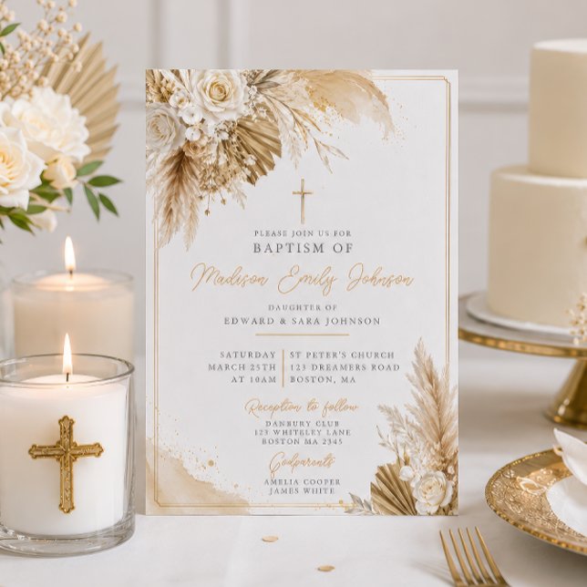 Neutral Boho Pampas Grass Baptism Invitation (Creator Uploaded)