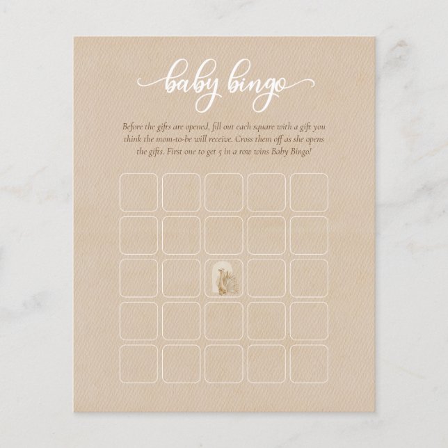 Neutral Boho Pampas Grass Giraffe Baby Bingo Game Flyer (Front)