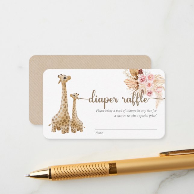 Neutral Boho Pampas Grass Giraffe Diaper Raffle Enclosure Card (Front/Back In Situ)