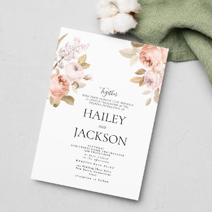 Neutral boho pink brown rustic floral wedding invitation