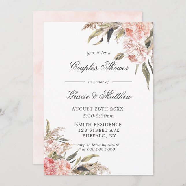 Neutral Boho Pink Peony Couples Shower Invitations (Front/Back)