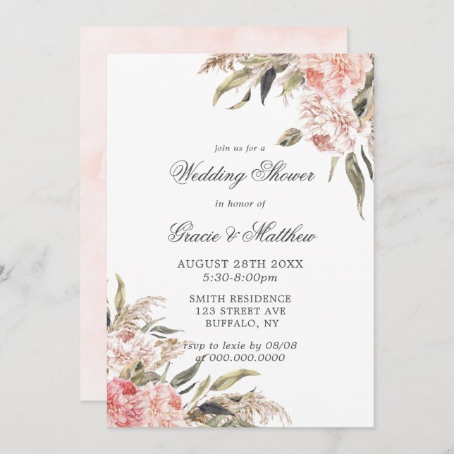 Neutral Boho Pink Peony Wedding Shower Invitations (Front/Back)