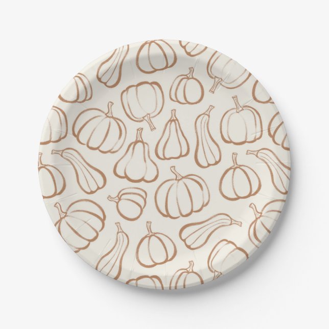 Neutral Boho Pumpkin Pattern Fall Halloween Party Paper Plate (Front)