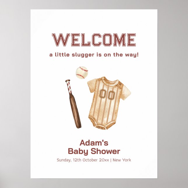 Neutral Boho Slugger Baseball Baby Shower Welcome Poster (Front)