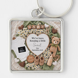 Neutral boho teddy bear pregnancy announcement key ring